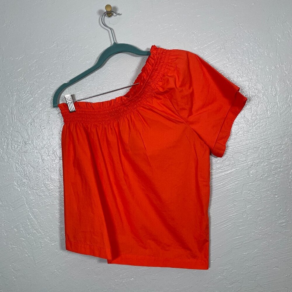 J Crew Women XS Orange Smocked One Shoulder Top Cotton Poplin Summer Preppy